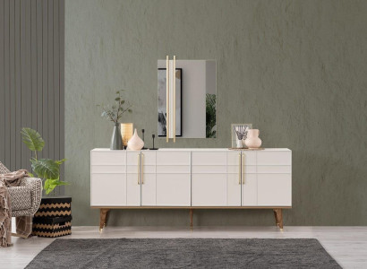 Anrichte Garnitur Sideboard mit Spiegel Kommoden Esszimmer Holz Weiß