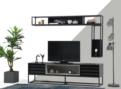 Wohnwand RTV Lowboard Regale TV Ständer Set Holz Modern Schwarz Design