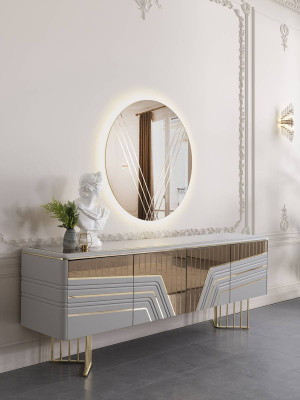 Moderner Silber Sideboard Rundspiegel LED Beleuchtung Designer 2tlg Set 