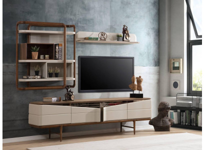 Beige Wohnzimmer Garnitur RTV-Lowboard 2x Regale Holz Designer Möbel