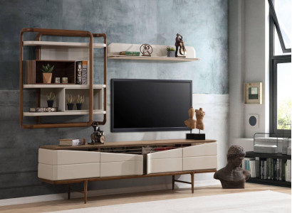 Beige Wohnzimmer Garnitur RTV-Lowboard 2x Regale Holz Designer Möbel