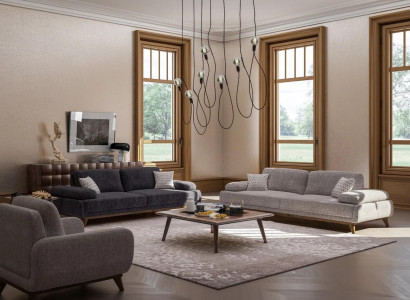 Wohnzimmer Set Grau Sofa Zweisitzer mit Dreisitzer Textil Design Couchtisch