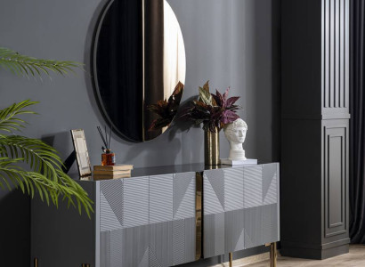 Schwarze Esszimmergarnitur Designer Sideboard Luxus Rundspiegel 2tlg