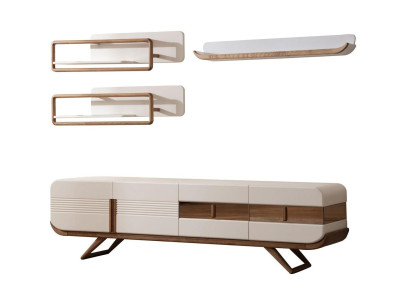 Weiße Wohnzimmer Wohnwand Designer Lowboard 2x Regale Holz Möbel 4tlg