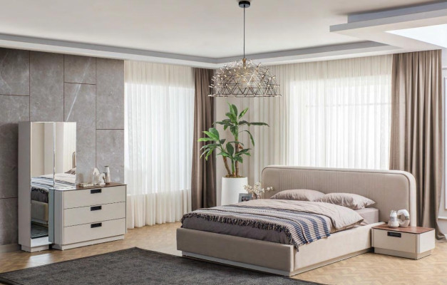 Beige Schlafzimmer Möbel Textilbett Holz Schminktische 2x Nachttische