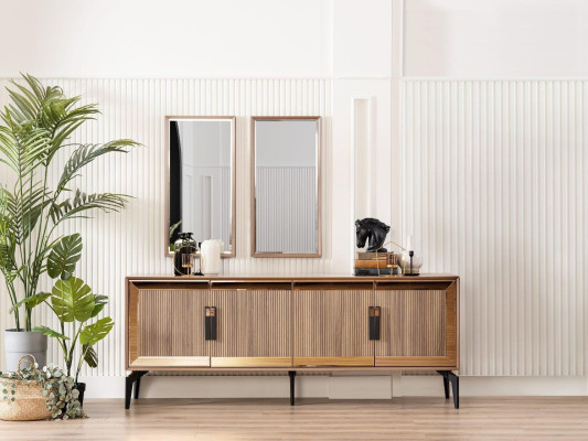 Sideboard Anrichte mit Spiegel Gruppe Kommode Holz Gold Esszimmer