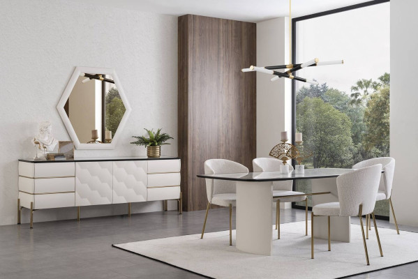 Stilvolle Esszimmer Garnitur Großer Esstisch 4x Stühle Sideboard Spiegel