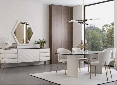 Stilvolle Esszimmer Garnitur Großer Esstisch 4x Stühle Sideboard Spiegel