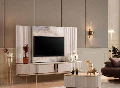 Weißes Lowboard Mit TV-Rahmen Wohnzimmer Designer Möbel Edelstahlrahmen