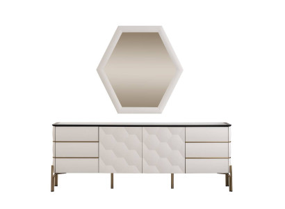 Moderne Esszimmer Garnitur Designer Weißes Sideboard Großer Spiegel 2tlg