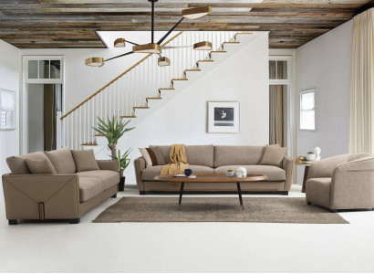 Sofagarnitur 441 Sitzer Sessel Viersitzer Modern Stoff Beige Set 3tlg