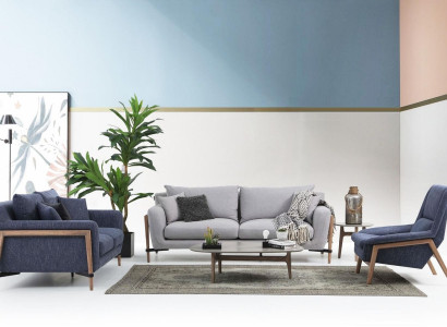 Sofagarnitur 221 Sitzer Sofa Modern Stoff Set Blau Gruppe Wohnzimmer