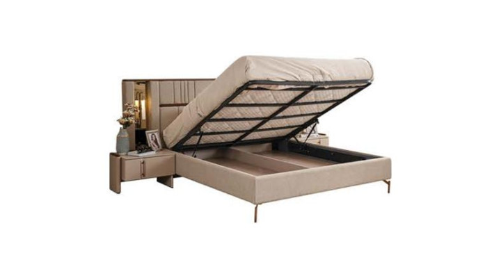 Modernes Beiges Doppelbett 2x Nachttische Kleiderschrank Holz Möbel