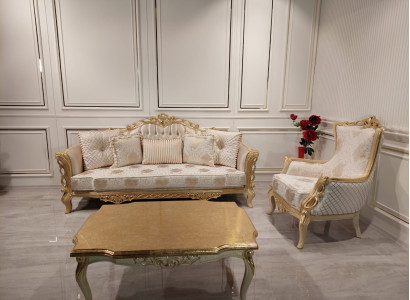 Sofagarnitur Sofa 3+1 Sitzer Sessel Tisch geschnitzten Beinen Couchtisch 3tlg.