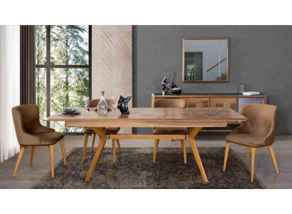 Designer Holz Ess Esszimmer Set Tisch 4x Lehn Stühle Set Garnitur Polster 5tlg