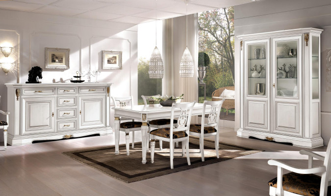 Esszimmer Esstisch Stuhl Kommode Vitrine Gruppe Garnitur Holz Weiß Set 7tlg Neu