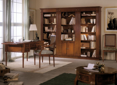 Schreibtisch und Stuhl aus Holz mit Armlehnen Bücherregal Büromöbel Design 3tlg