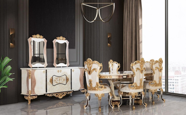 Luxus Esszimmer Set 9 tlg. Esstisch + 6x Stühle + Anrichte mit Spiegel weiß Neu