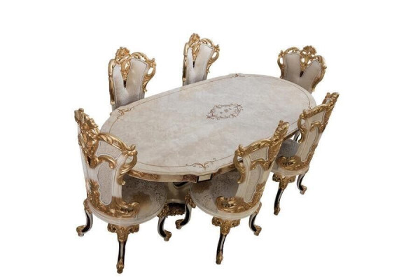 Luxus Esszimmer Set 9 tlg. Esstisch + 6x Stühle + Anrichte mit Spiegel weiß Neu