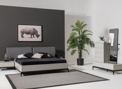 Modernes schwarz-weißes Schlafzimmer-Set (Bett, zwei Nachttische, Kommode mit Spiegel)