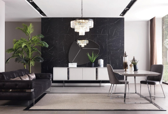 Esszimmer Garnitur Sofa Tisch 4x Stuhl Set Anrichte Spiegel Möbel 8tlg