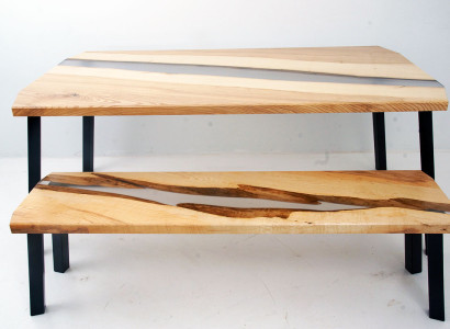 Epoxidharz Tisch Bank 2tlg. Set Echtes Holz Wasserfall Fluss Tische Gruppe Neu