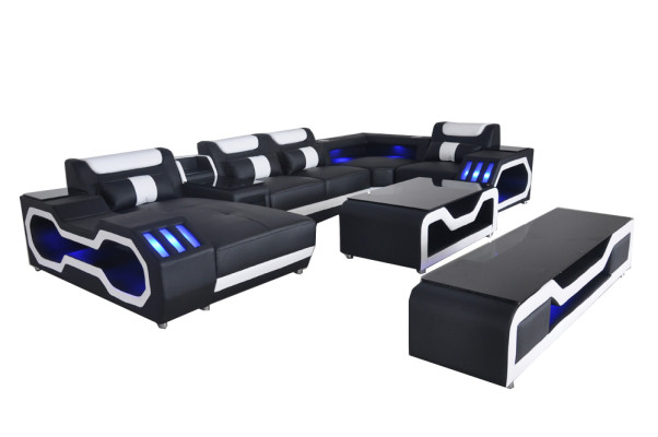 Leder Sofas Eck Garnitur Design Sofa Wohnlandschaft + Couch Tisch + RTV G8046
