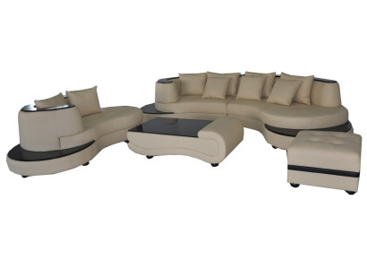 Luxus Wohn Eck Leder Garnitur Landschaft Polster XXL Big Sofa U Form + Chaise + Tisch