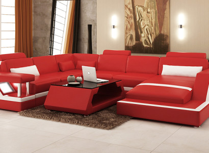 Design Leder Wohnlandschaft Eck Sofa Moderne Garnitur Couch Ecke Rot USB + LED