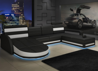 XXL WOHNLANDSCHAFT COUCH GARNITUR DESIGN ECKCOUCH Schwarz LEDERSOFA mit USB Neu