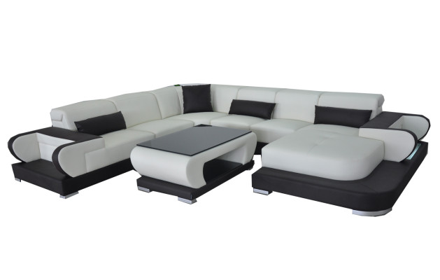 Couch Ecksofa mit USB Leder Wohnlandschaft Garnitur Design Modern Sofa +Tisch