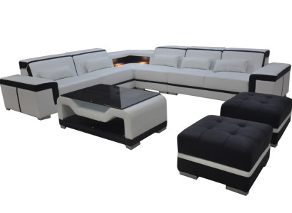 Leder Sofa mit USB Polster Eck Couch Garnitur Wohnlandschaft Tisch Hocker