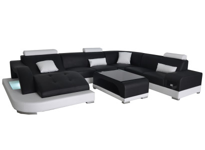 Leder Sofa mit USB Moderne Sitz Couch Polster Design Eck Wohnlandschaft Tisch