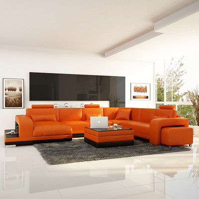 Design Leder Wohnlandschaft Eck Sofa Moderne Garnitur Couch Ecke Neu Orange USB