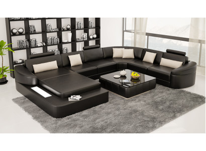 Luxus Ledersofa Polster Moderne Sitz Garnitur Eckcouch Wohnlandschaft LED USB