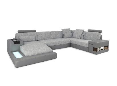 Ecksofa Wohnlandschaft U Form Ledersofa Sofa Polster Couch Stoff Leder USB + LED