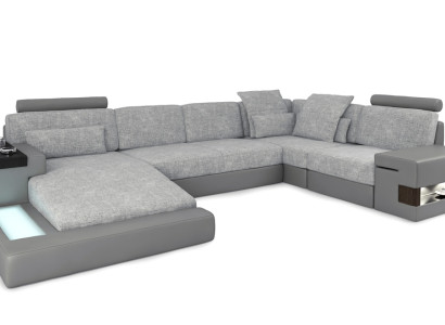 Ecksofa Wohnlandschaft U Form Ledersofa Sofa Polster Couch Stoff Leder USB + LED