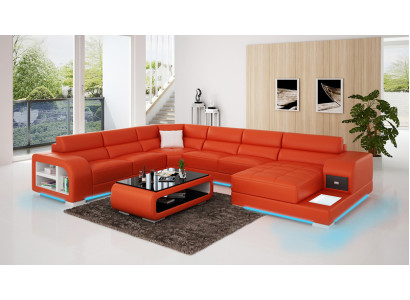 Modern Ledersofa Couch Design Wohnlandschaft Ecksofa Eck Garnitur Sofa Licht USB