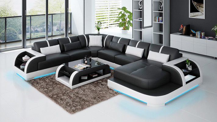 Modern Ledersofa Couch Wohnlandschaft Design Ecksofa Eck Garnitur Sofa Licht USB