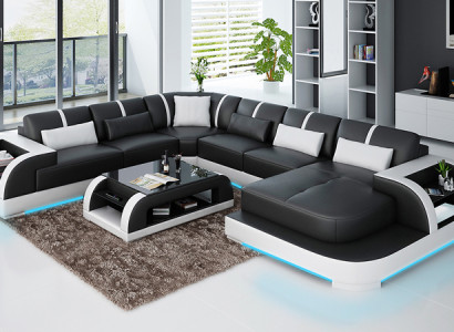 Modern Ledersofa Couch Wohnlandschaft Design Ecksofa Eck Garnitur Sofa Licht USB