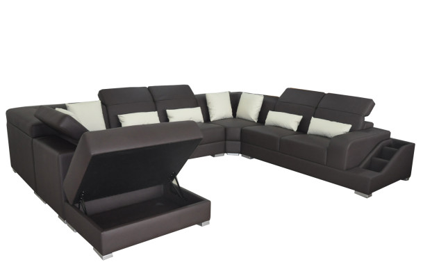 Leder Eck Sofa Wohnlandschaft Garnitur Design Modern Couch Sofas USB LED Hocker