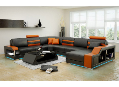 Design Sofa Ecksofa Wohnlandschaft mit Regal Polster Sitz Garnitur Ledersofa USB