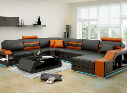 Design Sofa Ecksofa Wohnlandschaft mit Regal Polster Sitz Garnitur Ledersofa USB