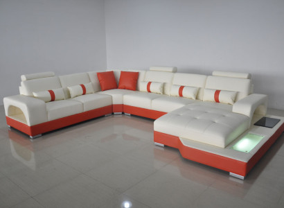 Ecksofa Leder Sofa Couch Polster Eck Sitz Wohnlandschaft U-Form Cream Orange Neu