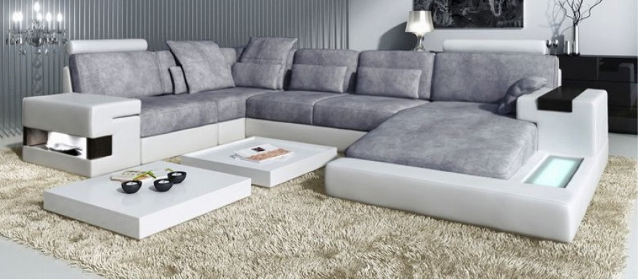 Moderne Textil Sofa U-Form Möbel mit Bett Funktionen Stauraum Grau NEU