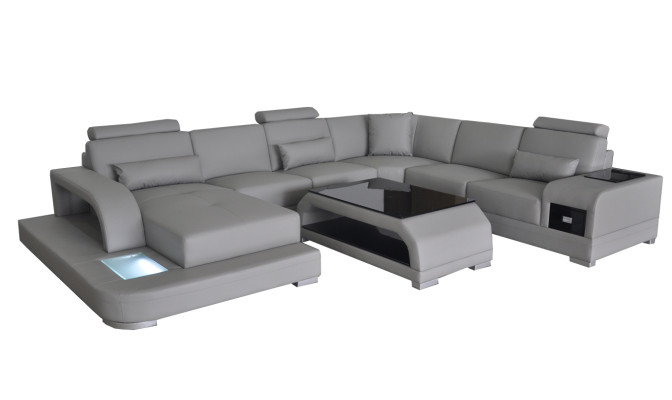 Eck Sofa mit USB Polster Couch Sitz Grau Leder Garnitur Moderne Wohnlandschaft