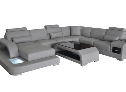 Eck Sofa mit USB Polster Couch Sitz Grau Leder Garnitur Moderne Wohnlandschaft