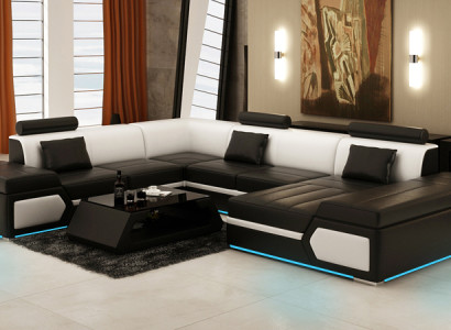 Ledersofa Sofa Couch Wohnlandschaft Ecksofa Garnitur Design Modern Schwarz +USB