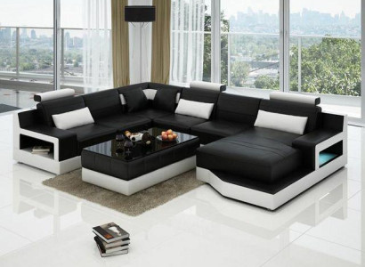 Ledersofa Ecksofa + USB Garnitur Wohnlandschaft Polster U Form Couch Sofa Design