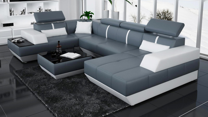 Moderne Sitzecke Ledersofa Polster Ecksofa Sofa Couch Wohnlandschaft K5015 + USB
